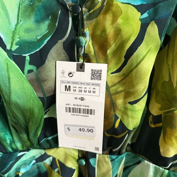 Zara tropical print palm leaves dress green M NWT satin lightweight summer midi - Picture 3 of 7